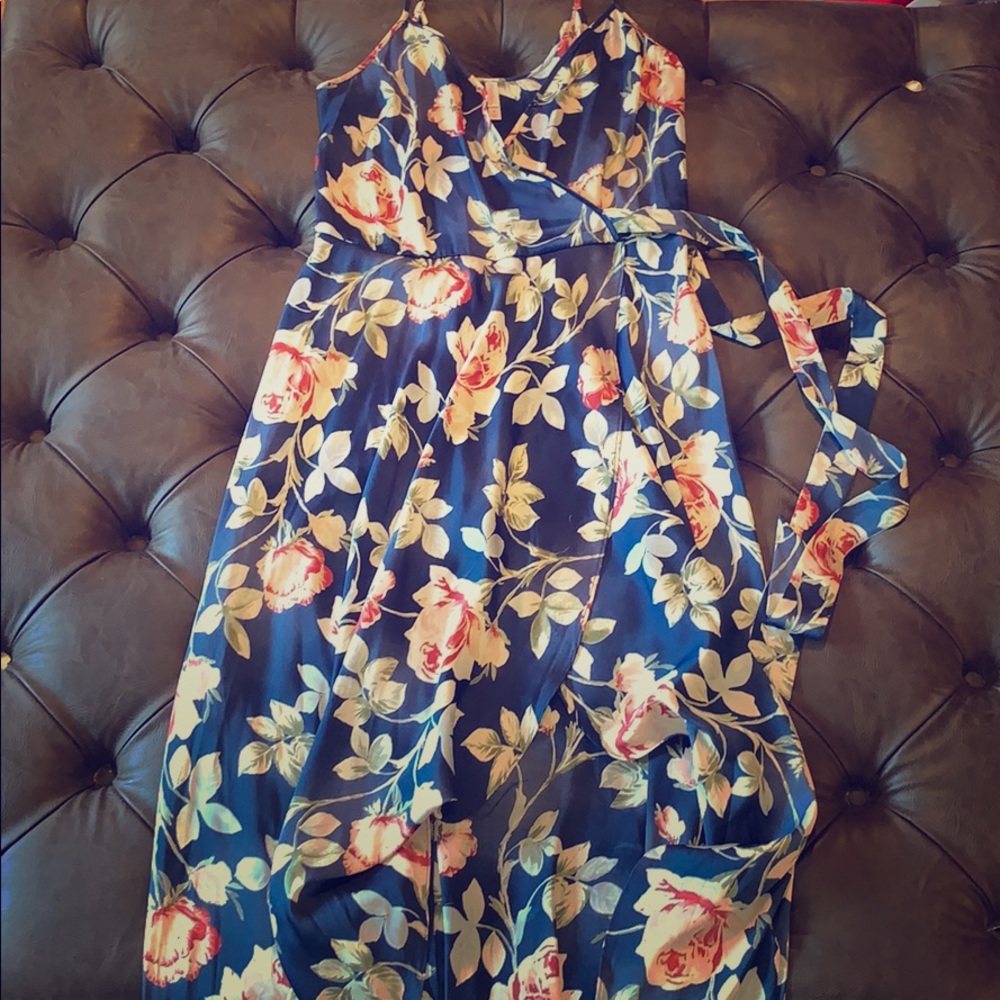 Blue floral wrap dress with slit